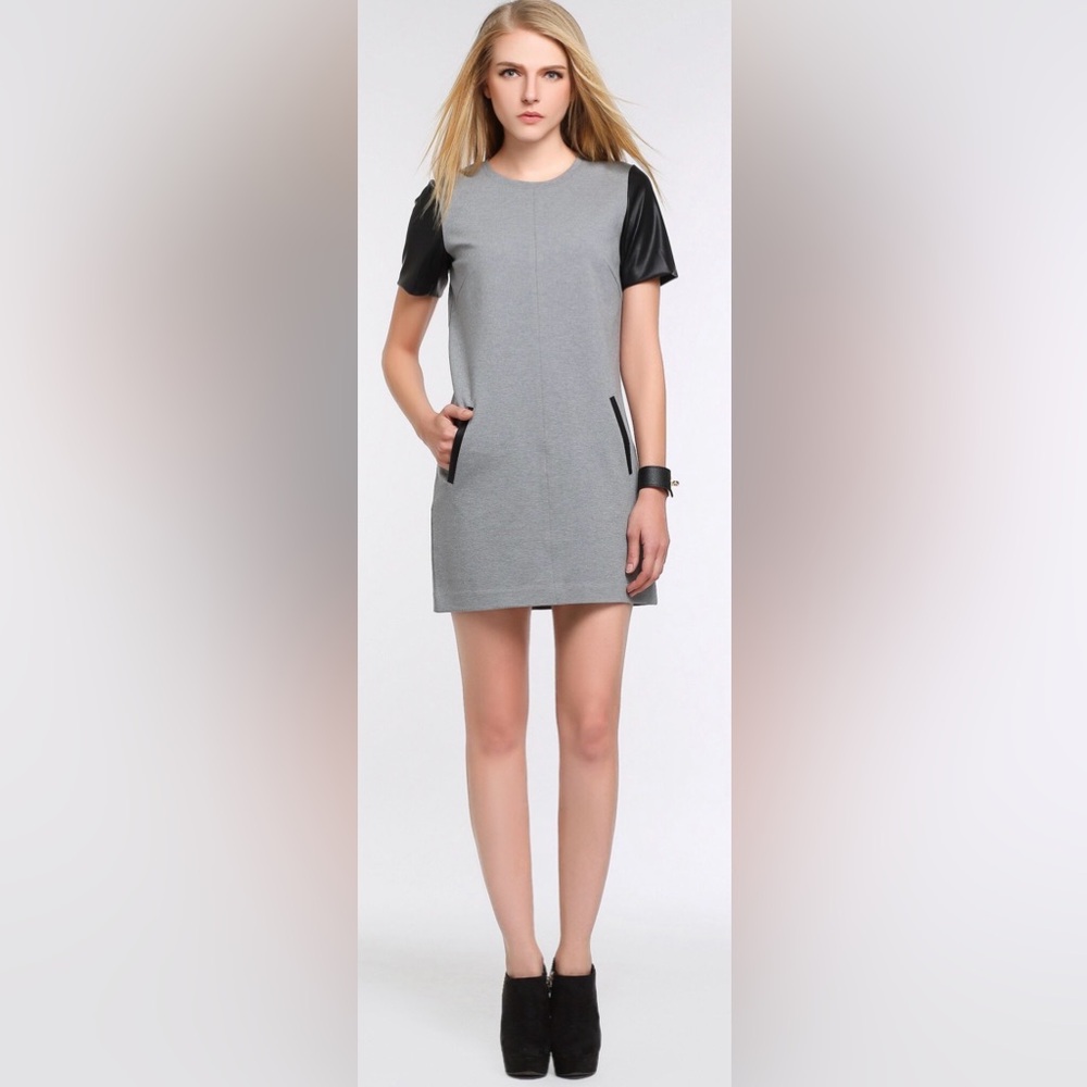 Club Monaco sheath dress gray black leather detail. 2